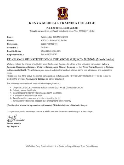 how to write a letter to change a course in kmtc