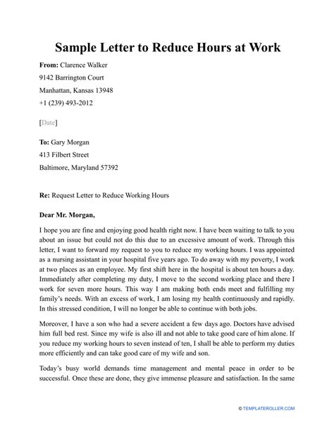 how to write a letter to reduce hours at work template