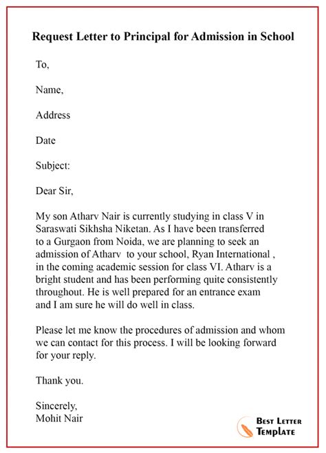 how to write a request letter to a school principal