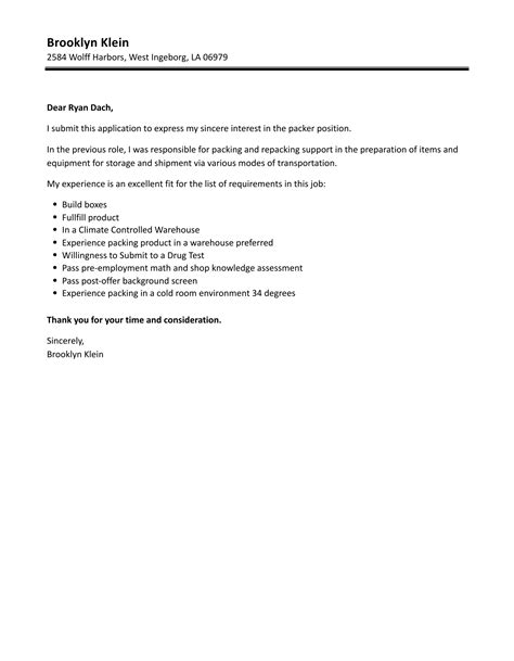 how to write an application letter as a shelf packer