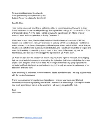 how to write an email asking for a recommendation letter for college