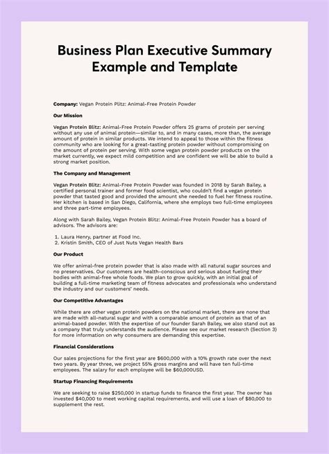 how to write an executive summary for a business plan template