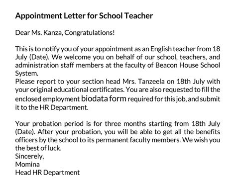 how to write application letter for teaching appointment