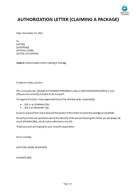 how to write authorization letter to claim package