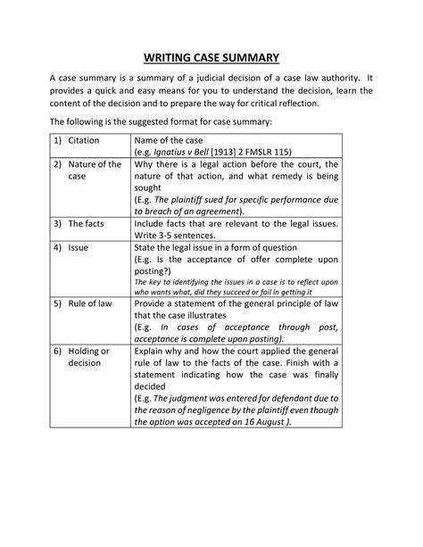 how to write case summary in law