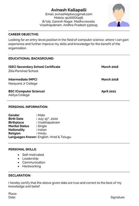 how to write declaration in resume for freshers