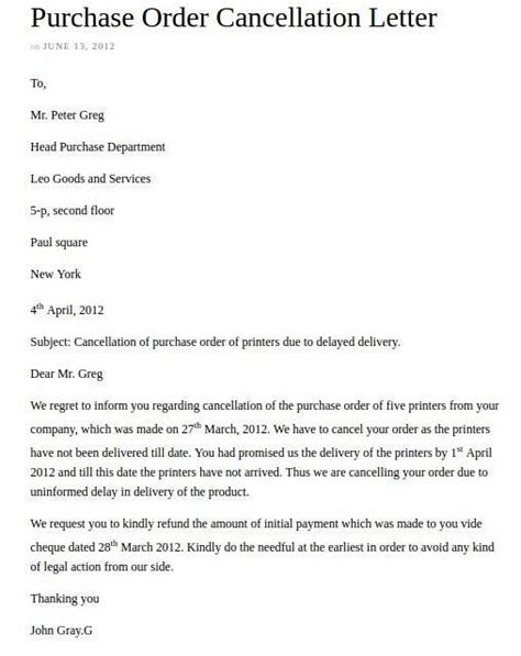how to write email to cancel purchase order