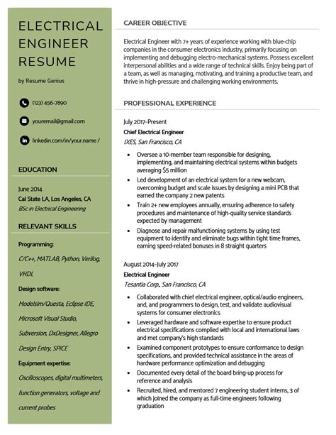 how to write experience in resume for electrical engineer
