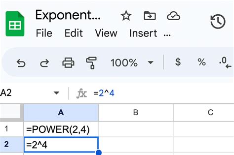 how to write exponents in google sheets