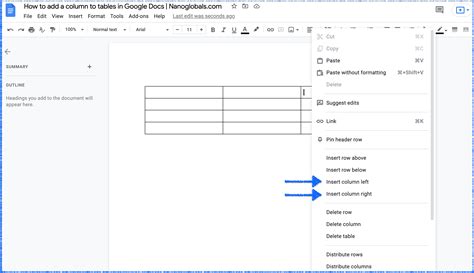how to write in columns google docs