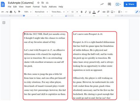 how to write in columns on docs