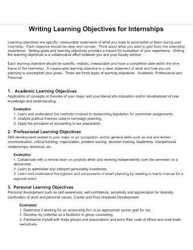 how to write learning objectives for an internship