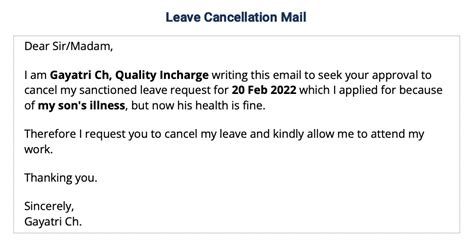 how to write leave cancellation email