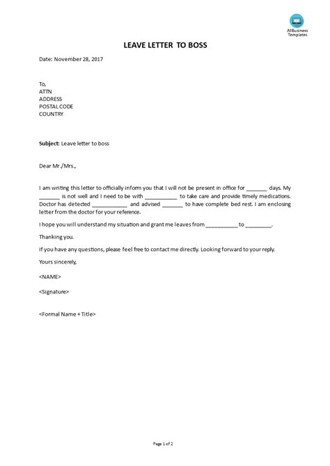 how to write letter of leave from work to manager