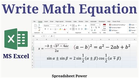 how to write mathematical equations in excel