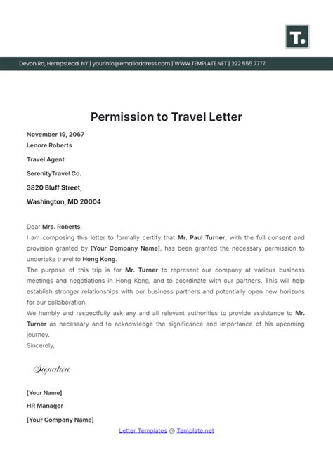 Letter Of Permission to Travel Letter Example Template