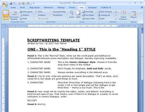 how to write script format on microsoft word