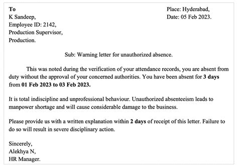 how to write warning letter for absence from work