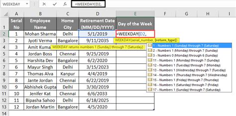 how to write weekday formula in excel