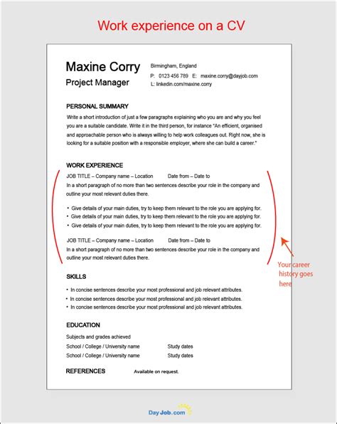how to write work experience in english