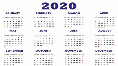 2020 Yearly Calendar Template