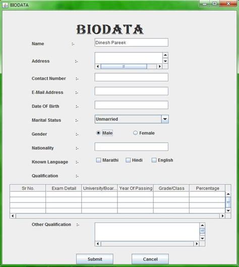 html code for biodata form