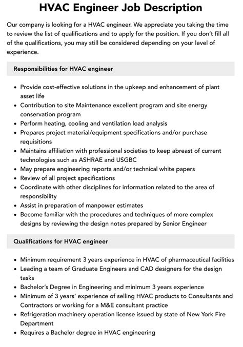 Hvac Maintenance Engineer Job Description