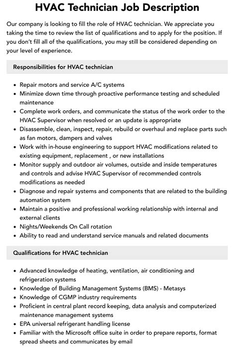 Hvac Technician Work Description