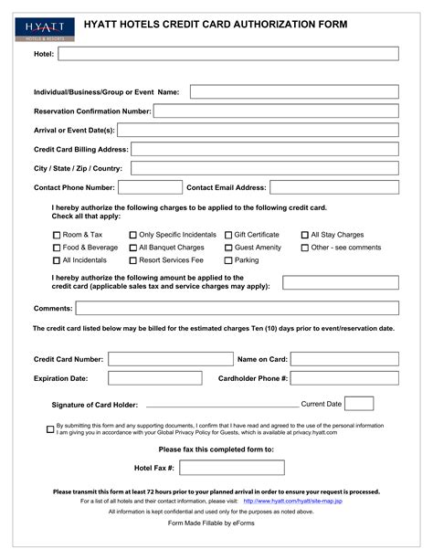 Gallery of Hyatt Hotel Credit Card Authorization form Best Of Extended