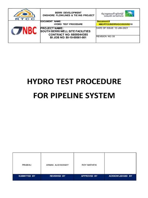 Hydrotest Procedure For Pipeline Pdf