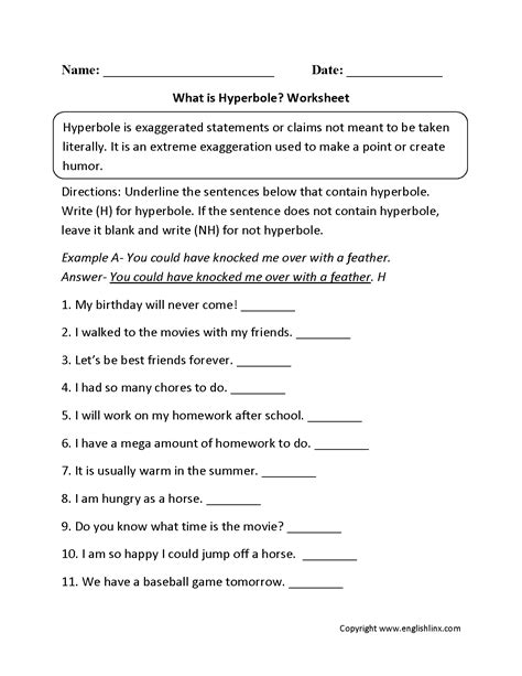 Hyperbole Worksheet Printable Free