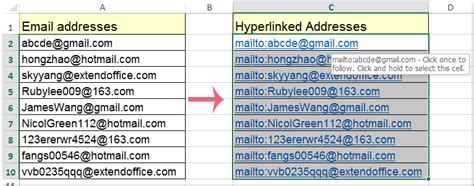 hyperlink multiple email addresses in excel
