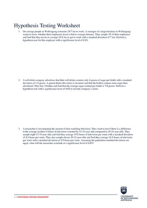 Hypothesis Testing Worksheet With Answers Pdf