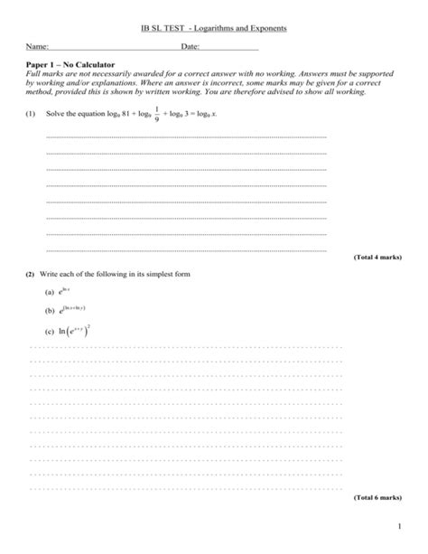 Ib Math Sl Exponents And Logarithms Worksheet Doc