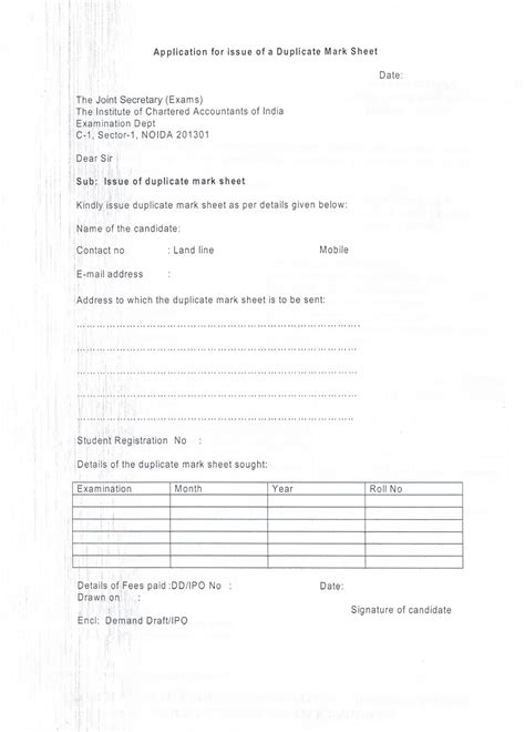 icai duplicate marksheet application format