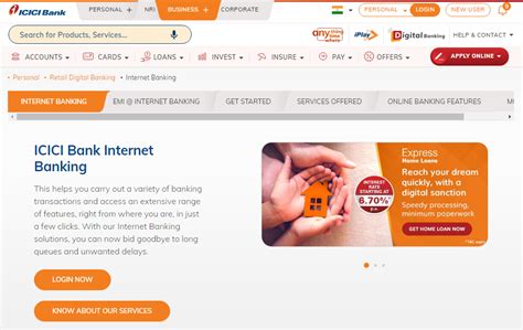 icici net banking page
