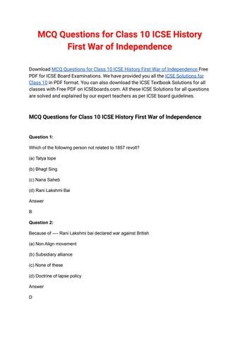 icse class 10 history first war of independence questions and answers