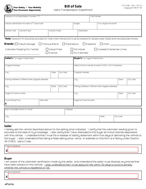 Gratis Idaho Motor Vehicle Bill of Sale Form ITD 3738 PDF eForms