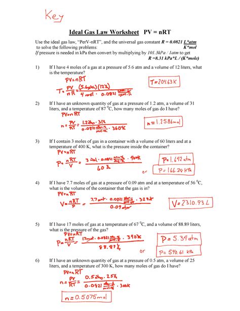 ideal gas law practice with answers