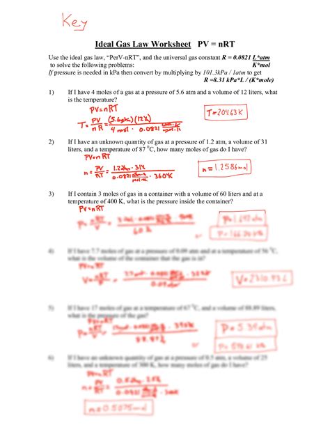 ideal gas law problems answer key