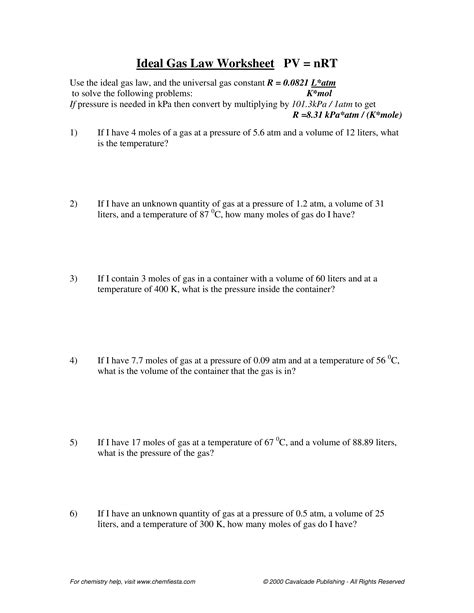 ideal gas law worksheet