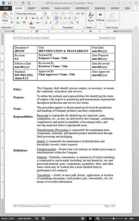 identification and traceability procedure template