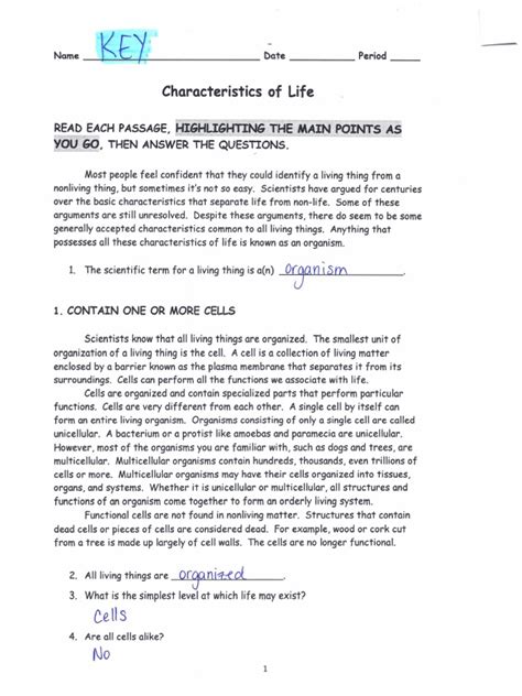 identifying the characteristics of life worksheet answers