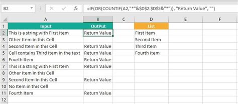 if cell contains text from range then return value