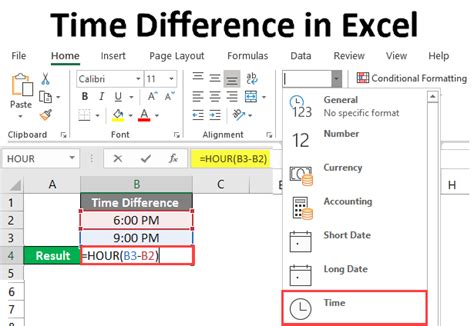 if formula for time difference in excel