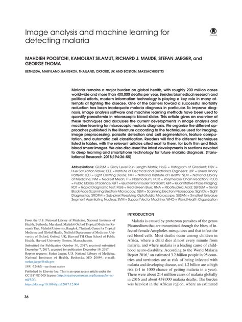 image analysis and machine learning for detecting malaria