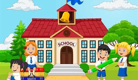 Dibujos animados de niños felices frente a la construcción de escuelas