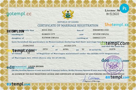 Ghana marriage certificate PSD template, fully editable EDUTEMPL