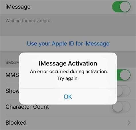 imessage activation an error occurred iphone