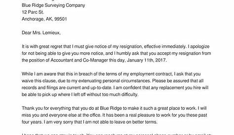 Immediate Resignation Letter Examples For Personal Reasons